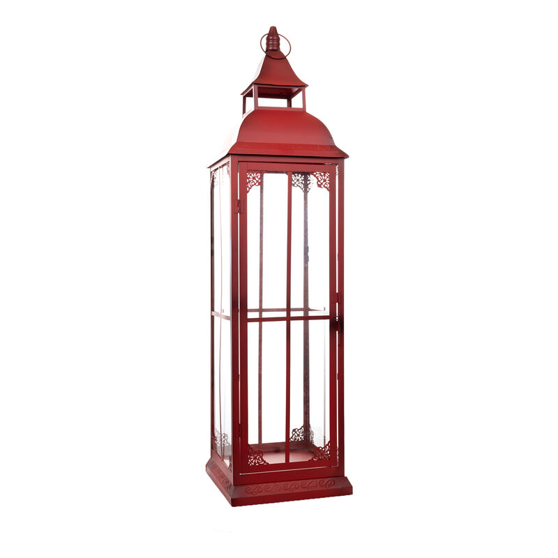 HomeRoots Set of Three Red Distressed Ornate Glass And Metal Floor Lantern Candle Holders image number 2