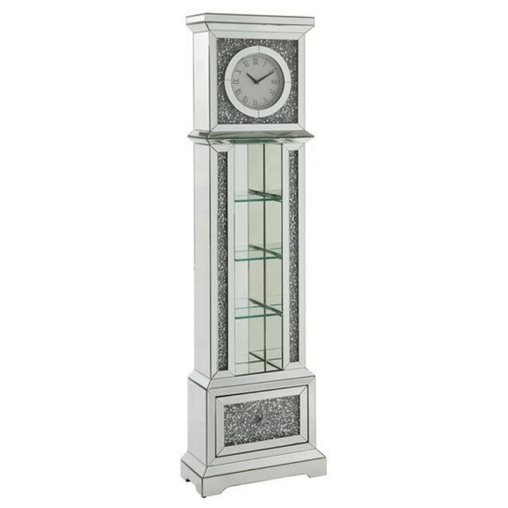 Grandfather Clock with 4 Compartments and Mirror Frame, Silver-Benzara