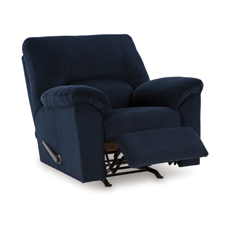Simy Rocker Recliner Chair, Pillow Top Arms, Dark Navy Blue Corduroy - Benzara