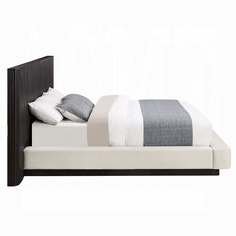 Jeh King Low Platform Bed, Fluted Headboard, Beige Linen, Espresso Brown image number 3