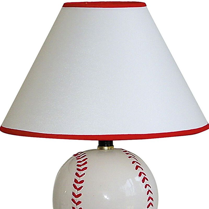 Hivvago 12" White and Red Ceramic Baseball Sports Table Lamp With White and Red Empire Shade
