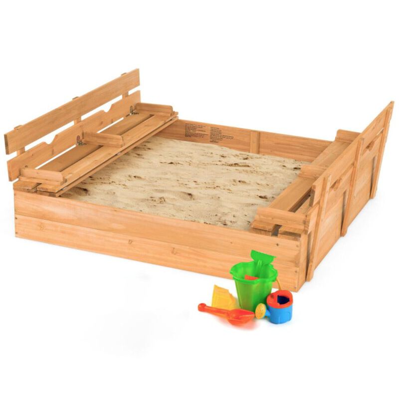 Hivvago Kids Wooden Sandbox with 2 Foldable Bench Seats