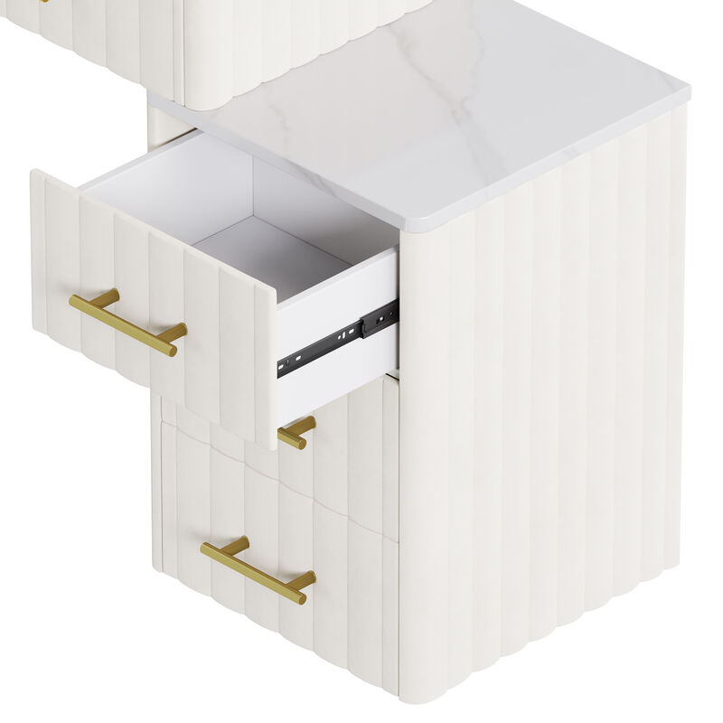 Merax Velvet Upholstered Vanity Set with Chair - Makeup Table with 5 Drawers & Marble-Top, Adjustable Left/Right Storage for Bedroom