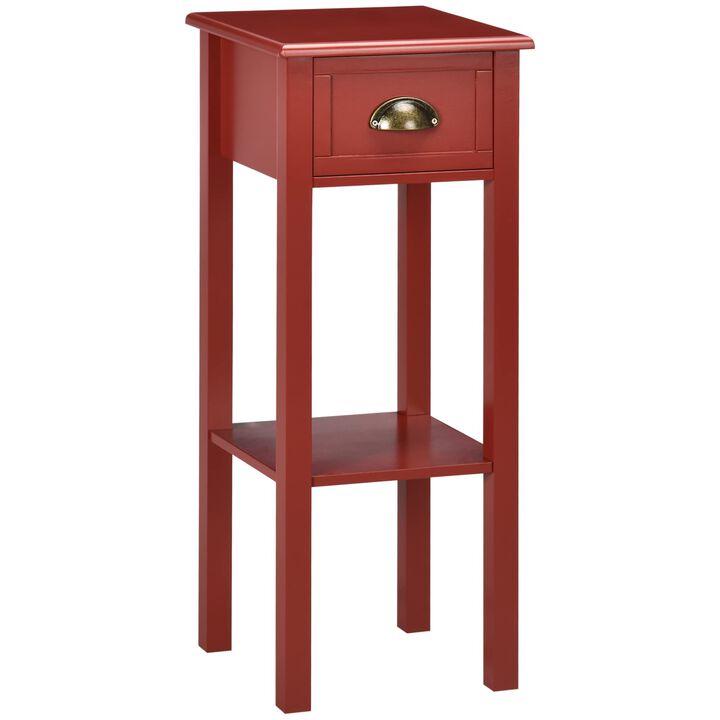 HOMCOM 2-Tier Side Table with Drawer, Narrow End Table with Bottom Shelf, for Living Room, Set of 1, Red
