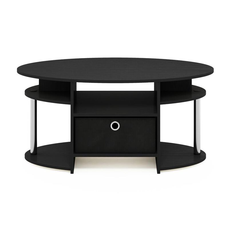 Furinno JAYA Simple Design Oval Coffee Table with Bin, Americano, Stainless Steel Tubes