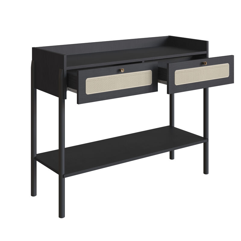 Boho Console  Entry Table Wood Legs and Rattan 2-Drawer -Nero Black