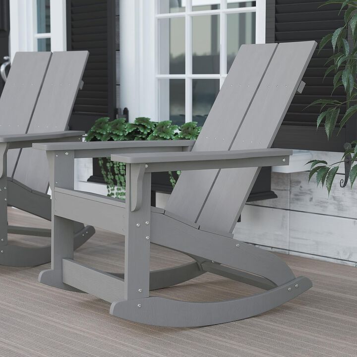 Flash Furniture Finn Modern Commercial Grade Poly Resin Wood Adirondack Rocking Chair - All Weather Gray Polystyrene - Dual Slat Back - Stainless Steel Hardware