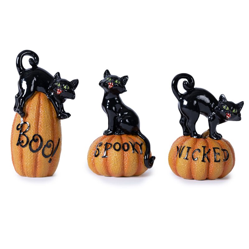 Mini Halloween Cat on Pumpkin Statues &ndash; Spooky Fall Decoration Set for Indoor Autumn Decor