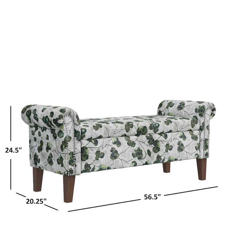 HL Home Furnishings Rolled Arm Storage Ottoman in Green Floral Bonsai