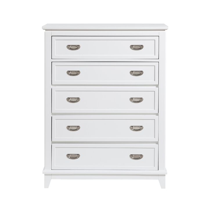 Sely Tall Dresser Chest, 5 Drawers, White Wood, Nickel Ring Handles - Benzara