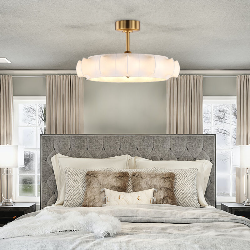 29.6 in. Brass Caged Clouds Ceiling Fan with Imitation Silk Shade and Light and Remote