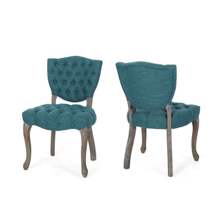 Dining Chair Set of 2, Button Tufted Teal Fabric Design, Rubberwood - Benzara