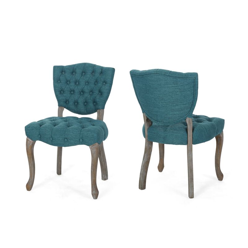 Dining Chair Set of 2, Button Tufted Teal Fabric Design, Rubberwood - Benzara