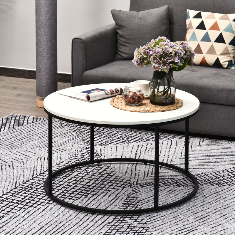 HOMCOM Round Coffee Table, 32 in Modern Center Table with Black Metal Frame, Coffee Tables for Living Room, White