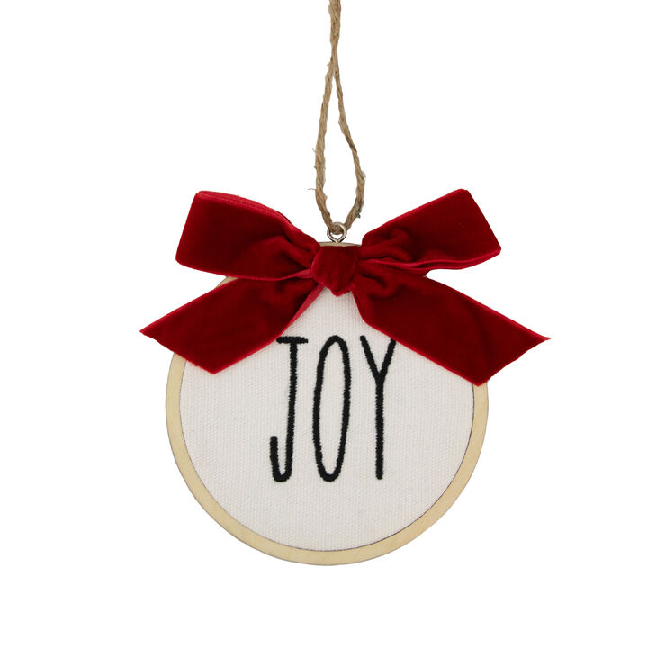 4.5" Embroidered "Joy" Christmas Disc Ornament with Bow