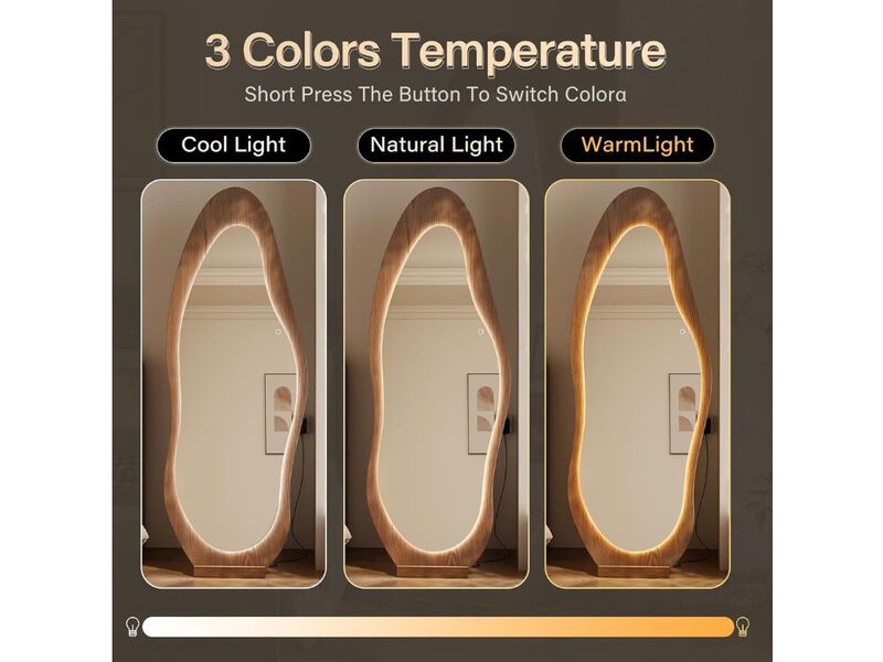 69"x24" Wavy LED Full-Length Mirror &ndash; Walnut Frame, Irregular Shape
