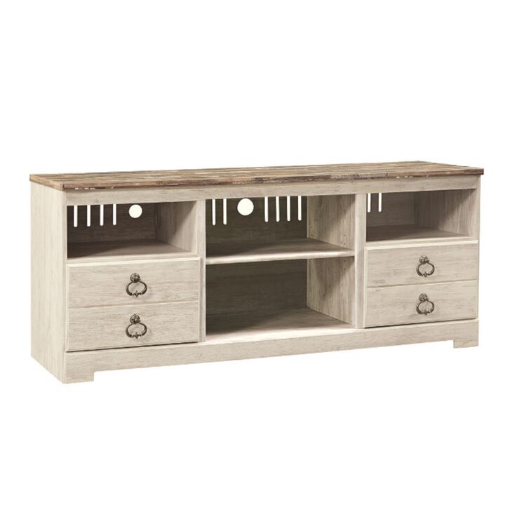 2 Drawers Wooden TV Stand with 4 Open Compartments, White and Brown