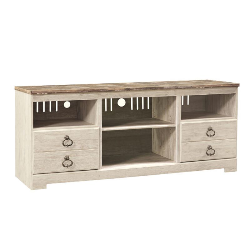 2 Drawers Wooden TV Stand with 4 Open Compartments, White and Brown image number 0