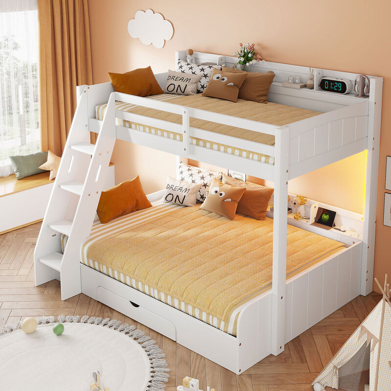 Whisen Bunk Bed with Storage Shelves, LED, Charging Station and a Drawer image number 1