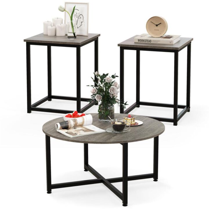 Hivvago 3-Piece Coffee Table Set Round Coffee Table and 2PCS Square End Tables