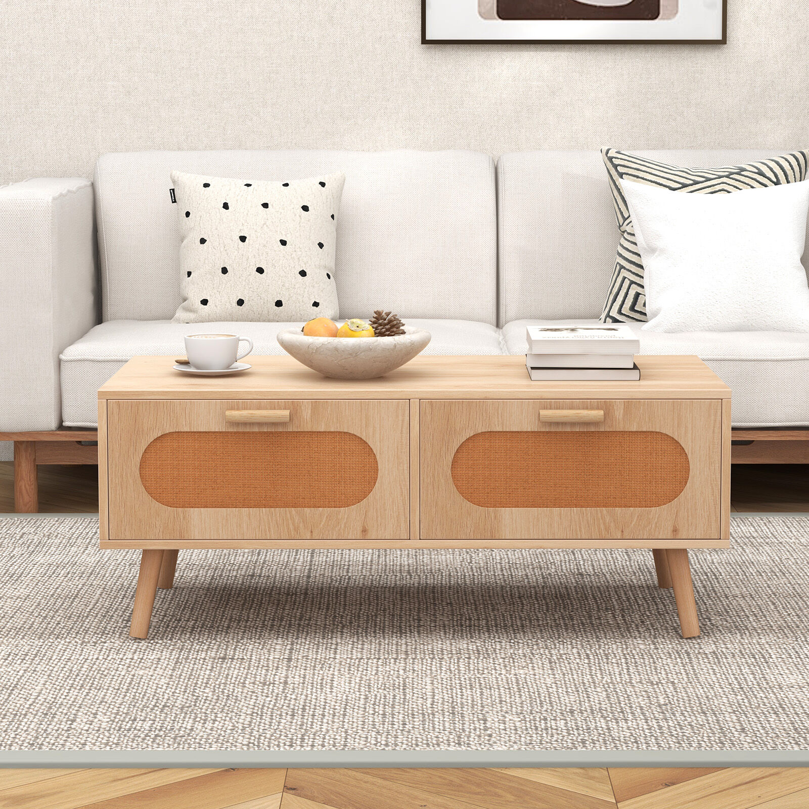 Retro Rattan Coffee Table with 2 Pull-Out Drawers – Mid Century