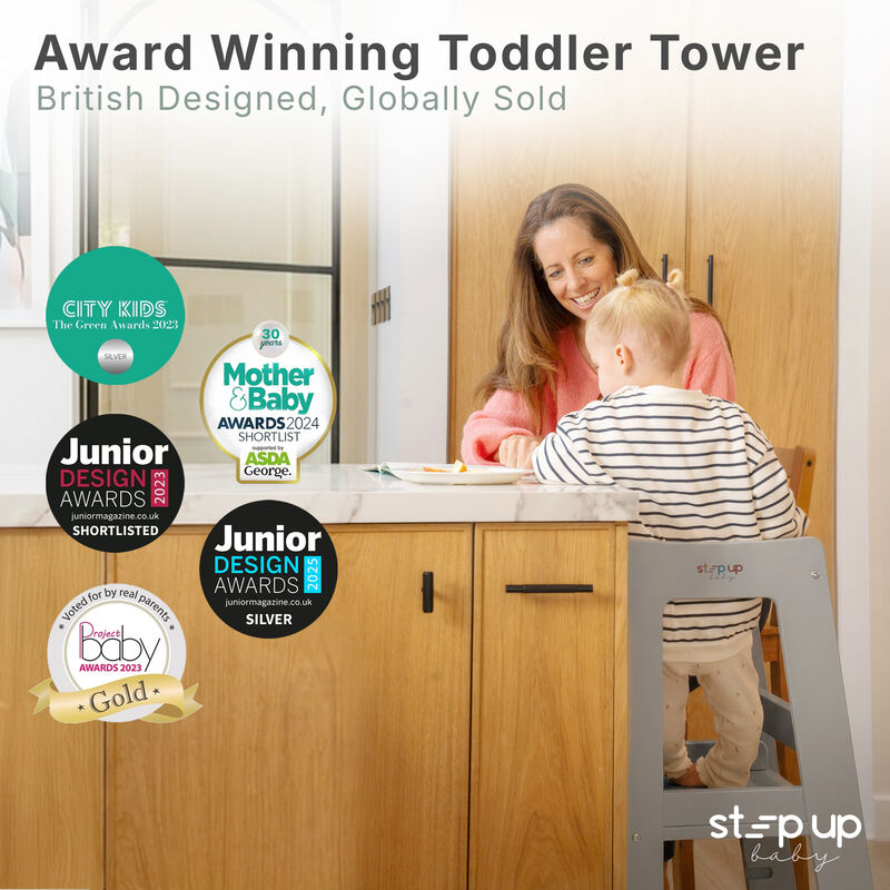 Stepup Baby&reg; Adjustable Toddler Tower - Gray Wooden Step Stool for Kids | Toddler Standing Tower with Child-safe Chopper & Chopping Board for 18M-4Y image number 5