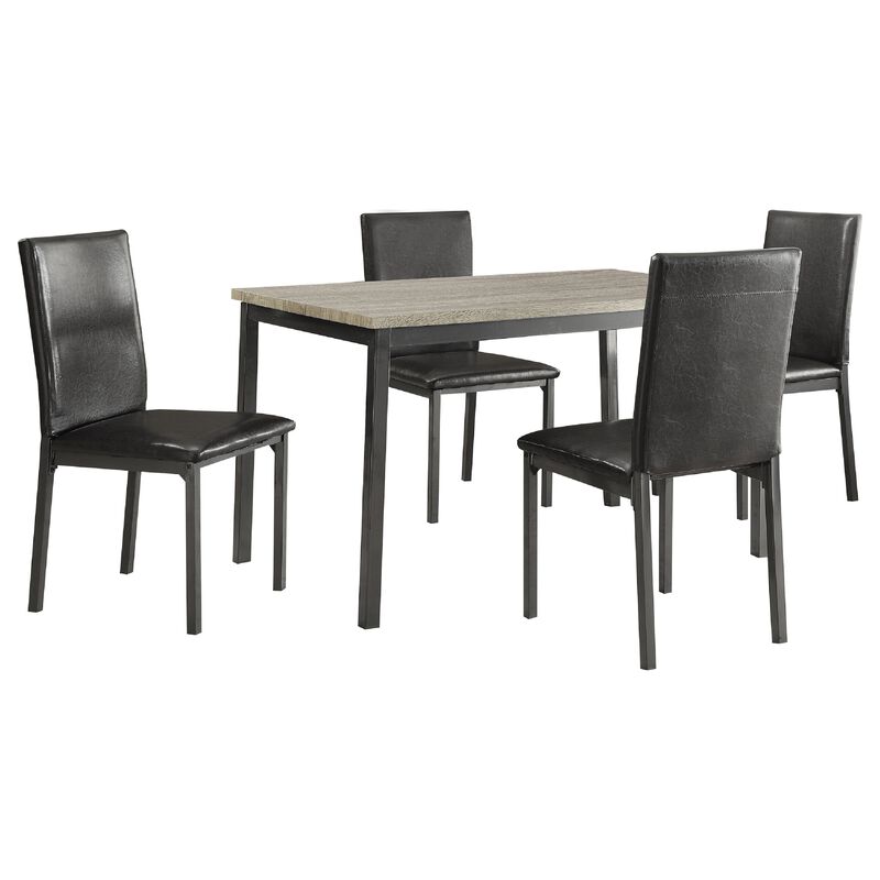 Raza 5pc Dining Set, Weathered Gray Table, 4 Black Faux Leather Chairs - Benzara
