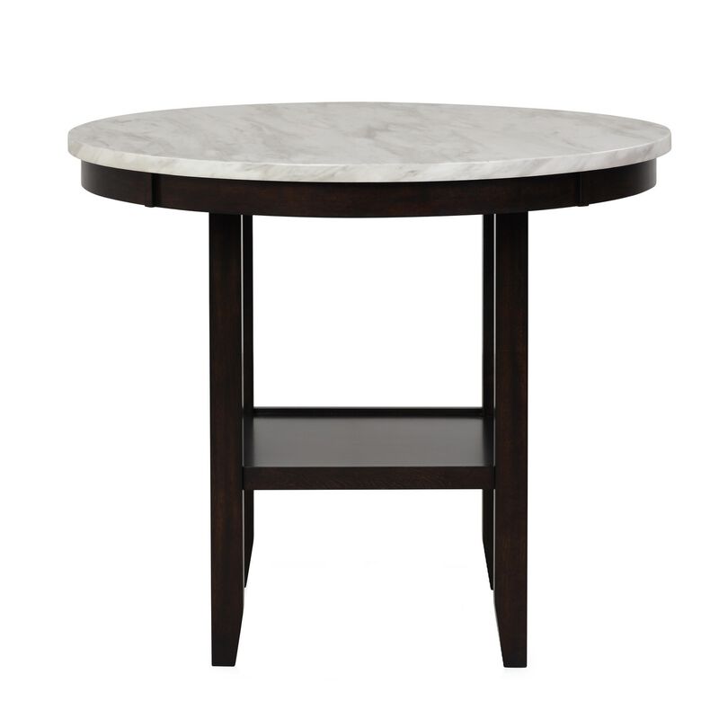 Kate 42 Inch Round Counter Table, Faux Marble Top, White, Espresso-Benzara image number 1