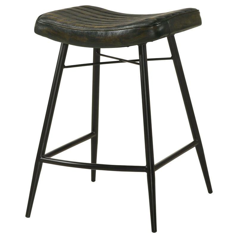 Vini 25 Inch Counter Stool Set of 2, Curved Leather Seat, Tufted Black image number 4
