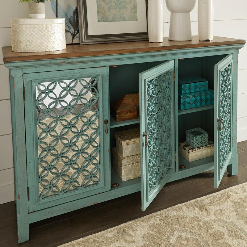 Liberty Furniture Kensington 3 Door Accent Cabinet in Turquoise w/ Worn Wood Tone Top image number 9