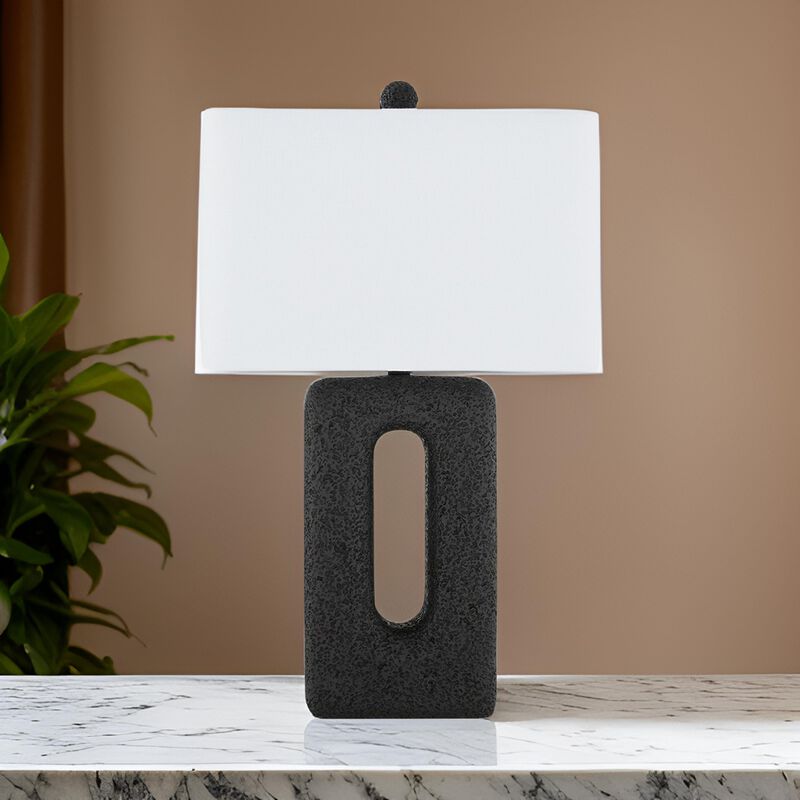27 Inch Table Lamp Set of 2, Black Rectangular Cutout Base, Fabric Shade - Benzara