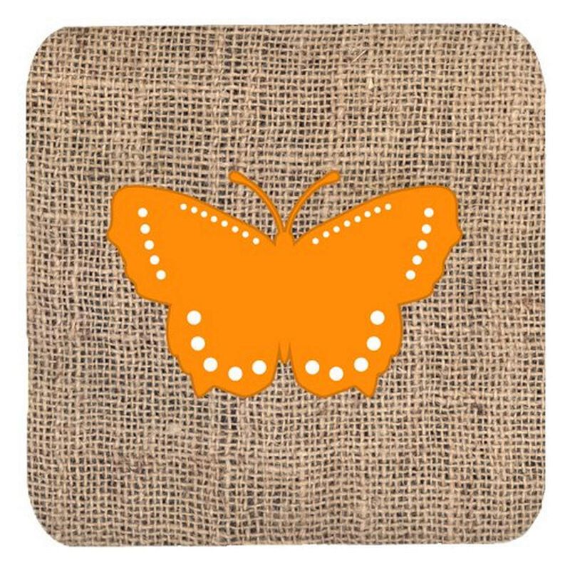 Caroline's Treasures BB1033-BL-OR-FC Butterfly Burlap and Orange Foam Coasters (Set of 4), 3.5 H x 3.5 W, Multicolor