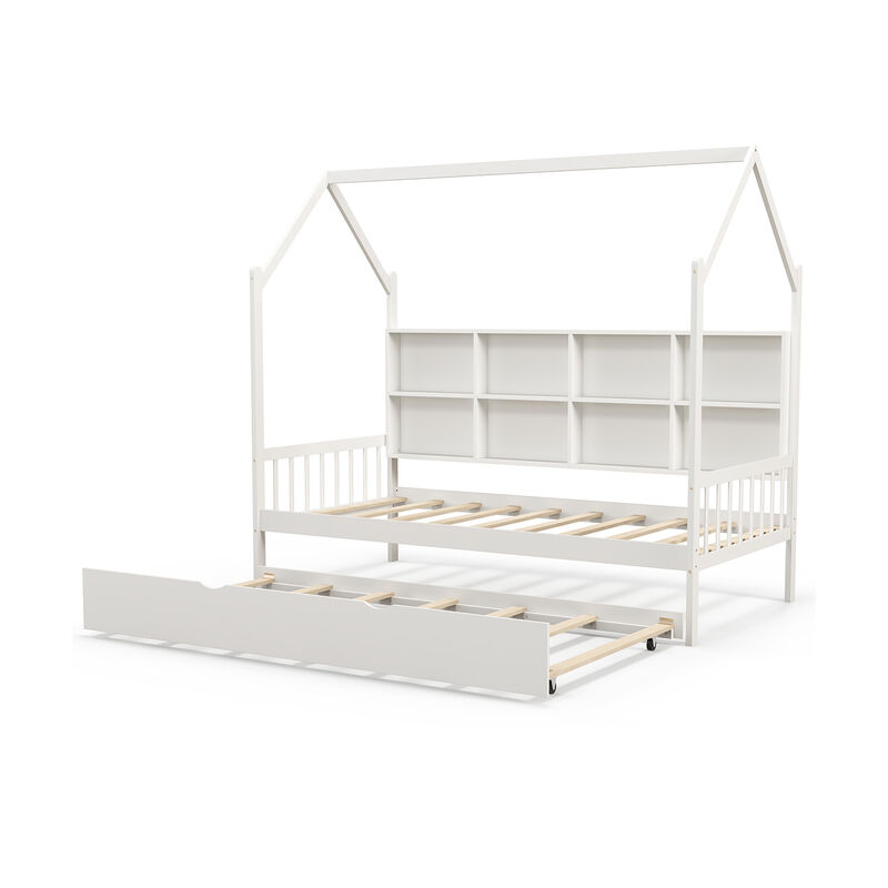 Kids Daybed with Montessori Style &ndash; Roof and Built-In Shelf Compartments for Storage