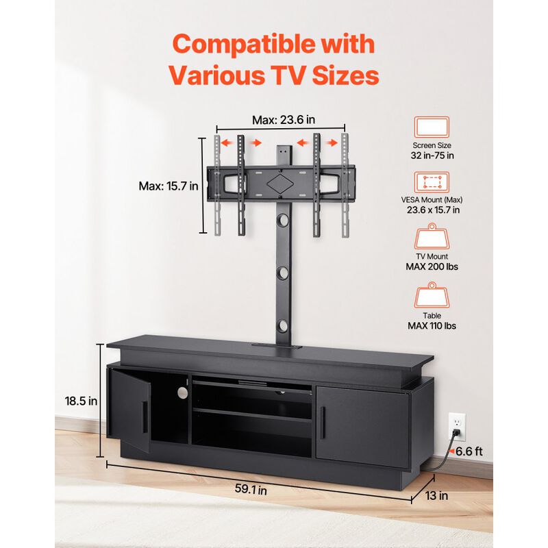 TV Console with Mount for Up to 75 Inch TVs, LED Lights, Power Outlet, 3-Tier Storage Shelves-Black image number 2