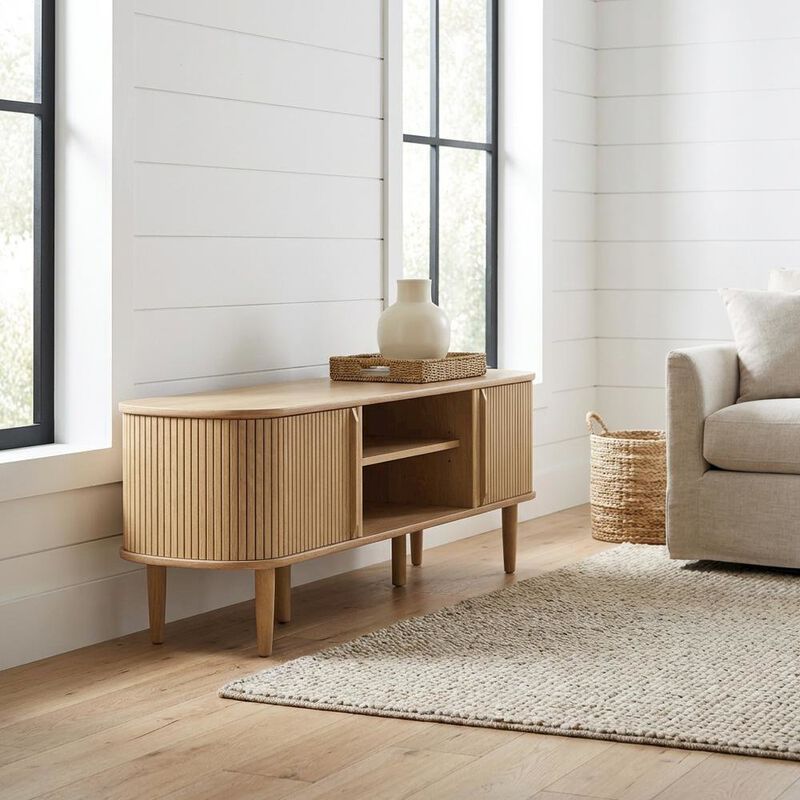 Gray wood TV stand with sleek design and sturdy construction image number 3