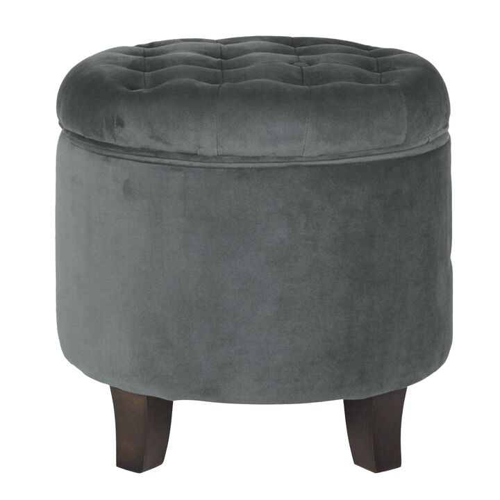 Button Tufted Velvet Upholstered Wooden Ottoman with Hidden Storage, Gray and Brown - Benzara