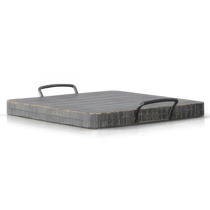 Rena Ottoman Tray with Metal Handles, 17 Inch Black Sand Mahogany Wood