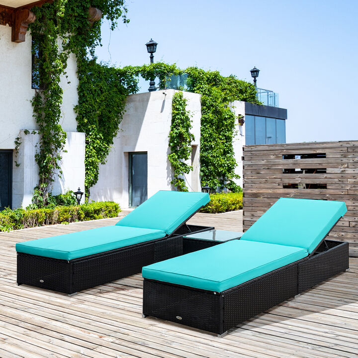 Outsunny Chaise Lounge Set of 2 with 5 Angle Backrest, Outdoor Coffee Table, Water Repellent Cushions, PE Rattan Wicker Poolside Chairs, 3-Piece Pool Furniture Set, Turquoise
