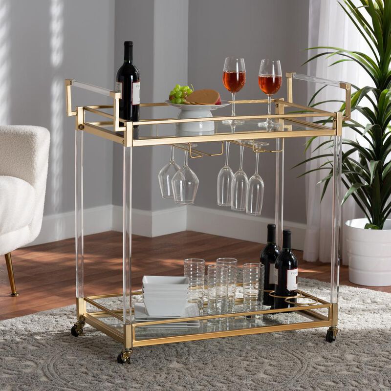 bali & pari Baxton Studio Savannah Contemporary Glam and Luxe Gold Metal and Glass Wine Cart