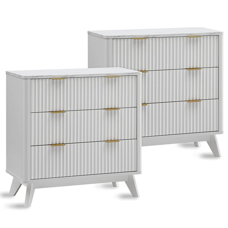 Fluted 3-Drawer Oversized Nightstand Set, Faux Marble Top, Curved Modern Side Table image number 0
