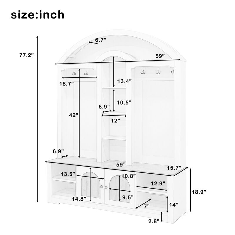 Merax Curved Two-Tone Hall Cabinet with Hooks, Shelves & Shoe Storage &ndash; Scandinavian Design image number 2