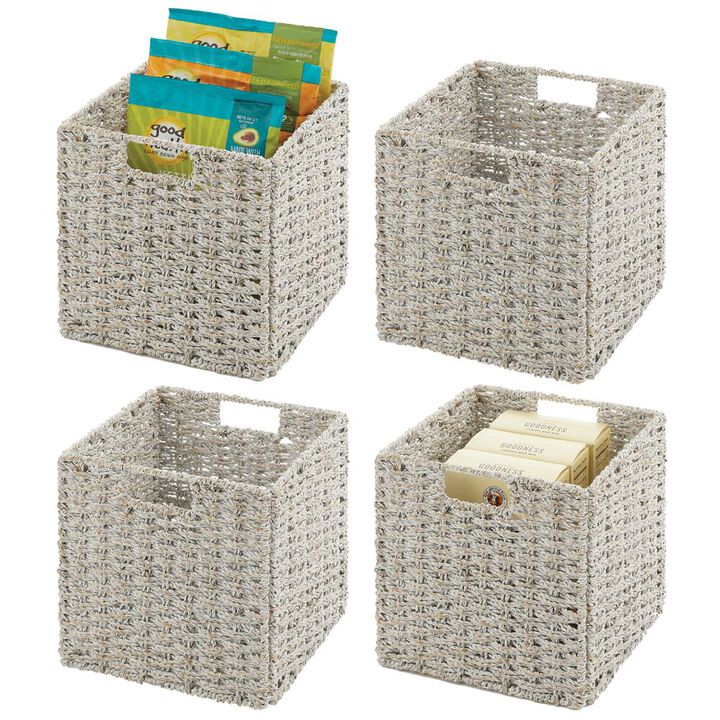 mDesign Seagrass Woven Kitchen Basket Organizer, Handles, 4 Pack, White Wash