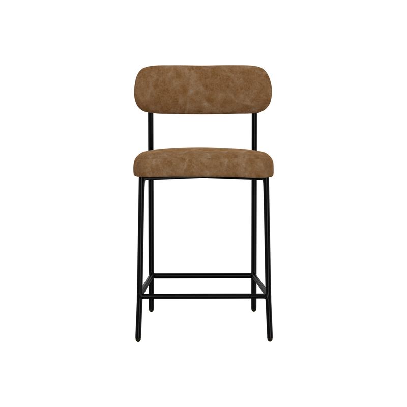 Iffa Counter Height Chair, Open Back, Black Iron, Cognac Brown Faux Leather