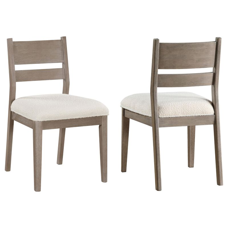 Elia Dining Side Chair Set of 2, Ladderback, Gray Wood, Cream Fabric - Benzara