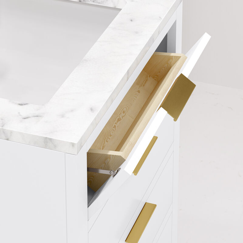 Bristol 24 In. Single Sink Carrara White Marble Countertop Bath Vanity in Pure White