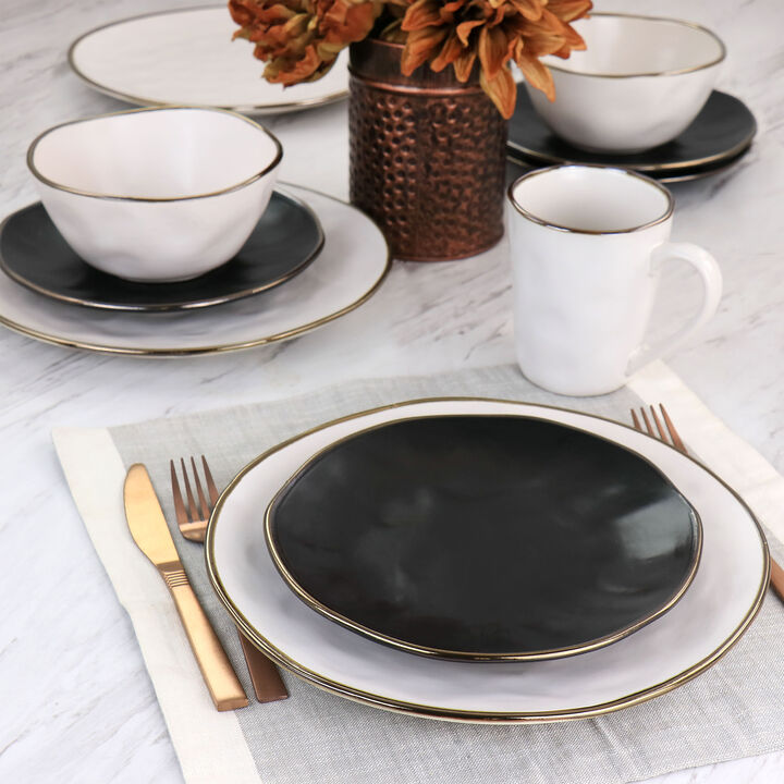 Elama Roman 16 Piece Stoneware Dinnerware Set in Assorted Matte with Gold Rim