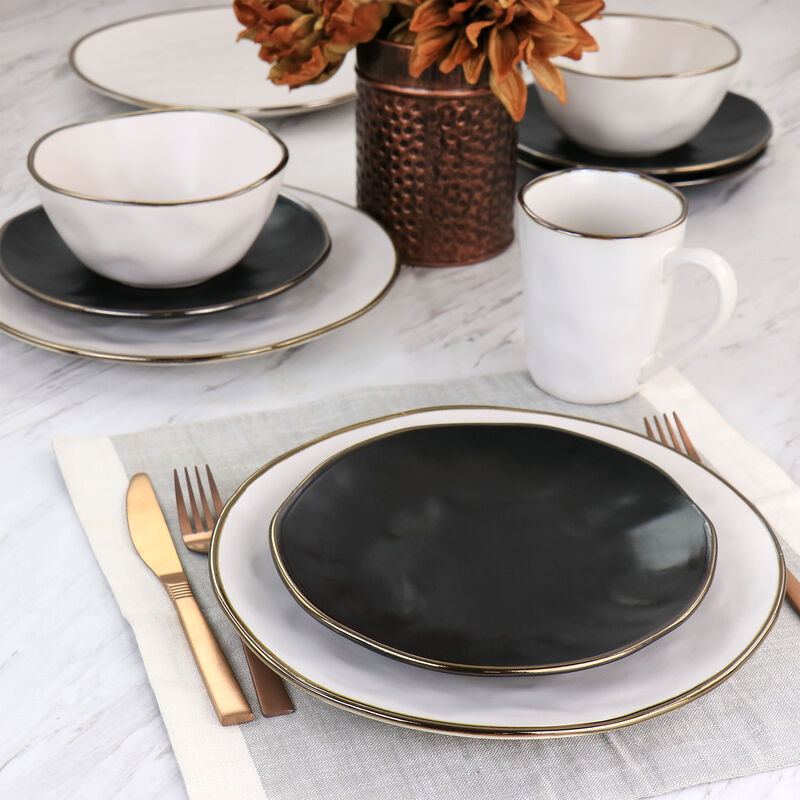 Elama Roman 16 Piece Stoneware Dinnerware Set in Assorted Matte with Gold Rim