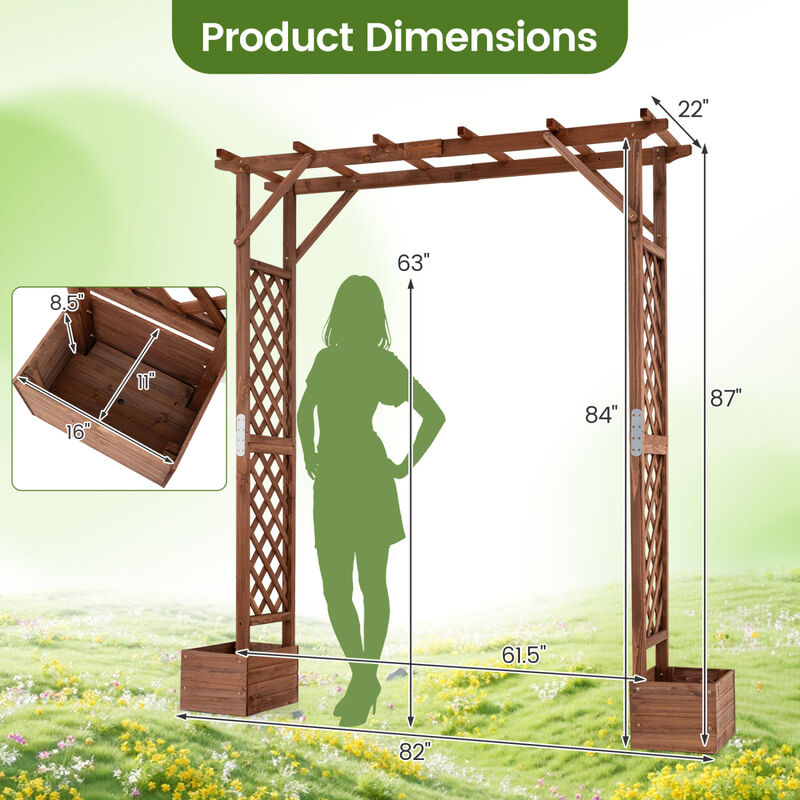 87 Inch Tall Wooden Garden Arbor with Hanging Roof and Planter Boxes image number 2