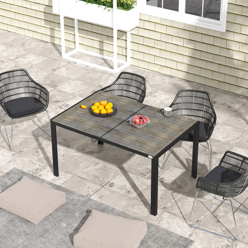 Outsunny Outdoor Dining Table for 6 People, Aluminum Rectangular Patio Table with Faux Wood Tabletop for Backyard, Lawn, Balcony,  Poolside, 55" x 35.5", Gray
