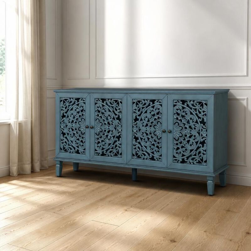 60" Antique Floral Carved Buffet Cabinet image number 2